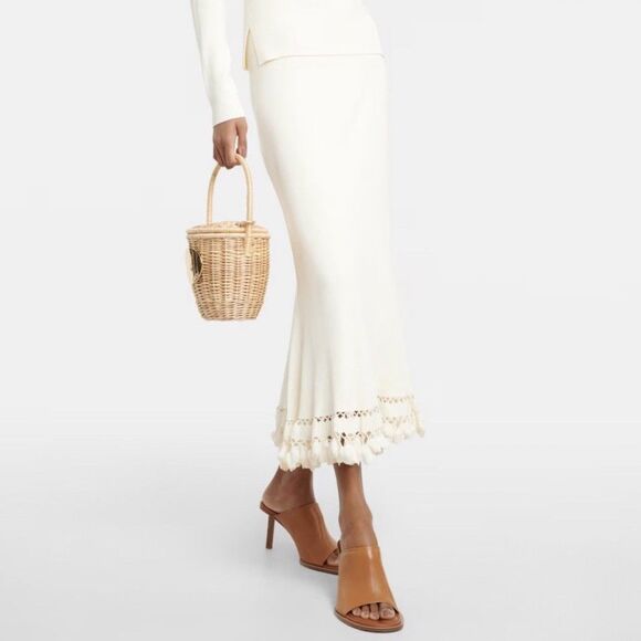 Ulla Johnson Ayla Ribbed Knit Maxi Skirt Ivory Cream Crochet Trim Ruffle Hem S